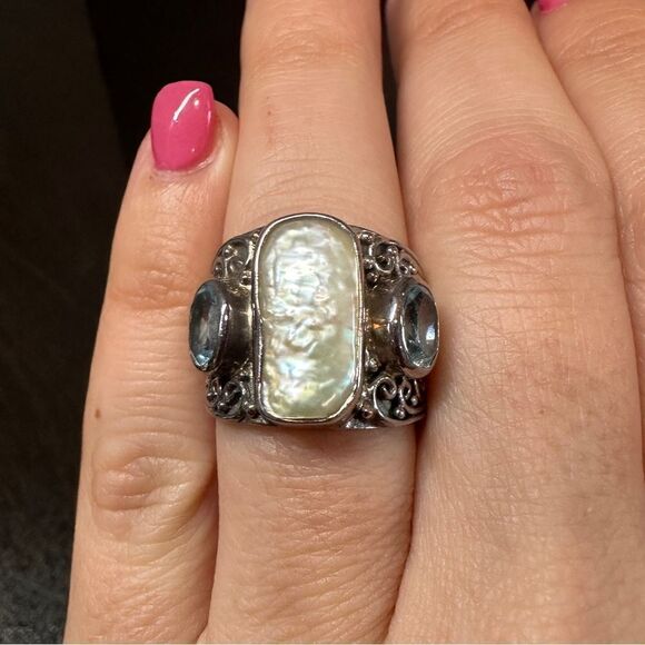 Genuine pearl and blue topaz in sterling silver ring! - Picture 13 of 13